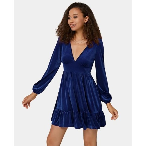 HALARA Dresses & Skirts - Halara Ruffled Hem Velvet Mini Chill Dress Midnight Ocean Size S NWT